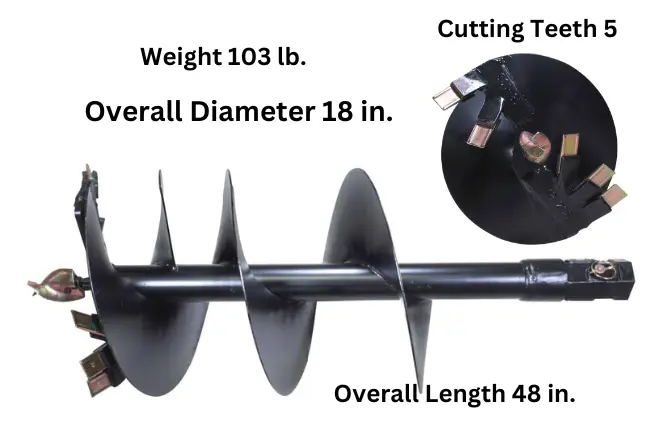 Titan mini excavator Attachments Auger Bit 18 inches x 48 inches Steel 3 inches Boring Head 2 inches Hex Connectivity
